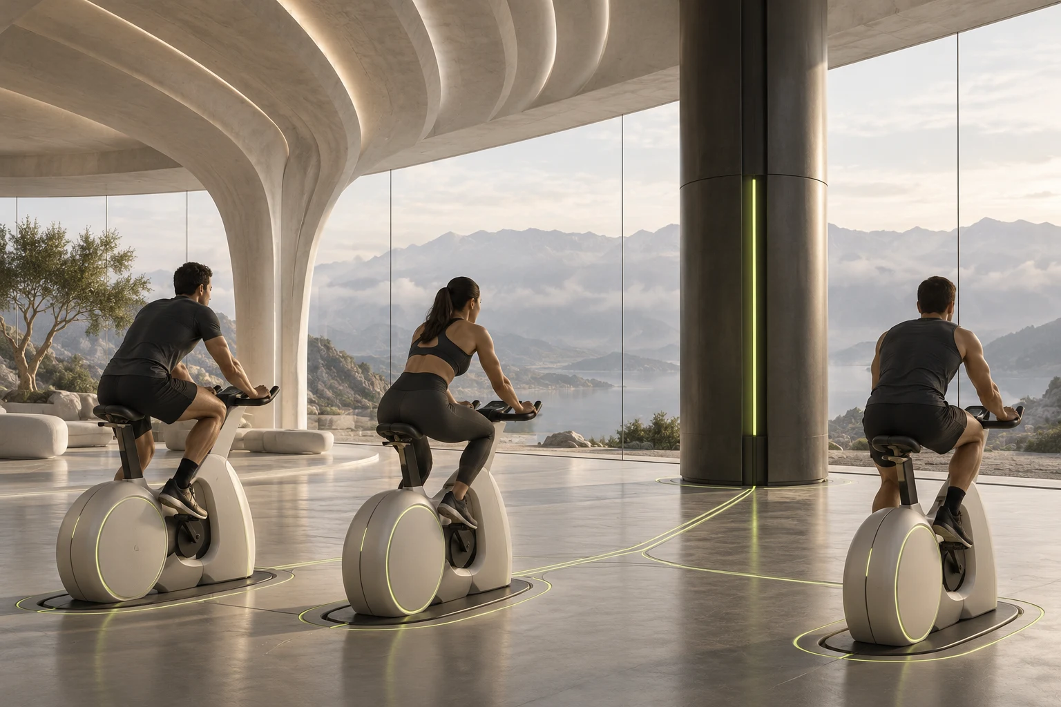 Concept of a sunlit future gym, with people on generator-connected exercise bikes