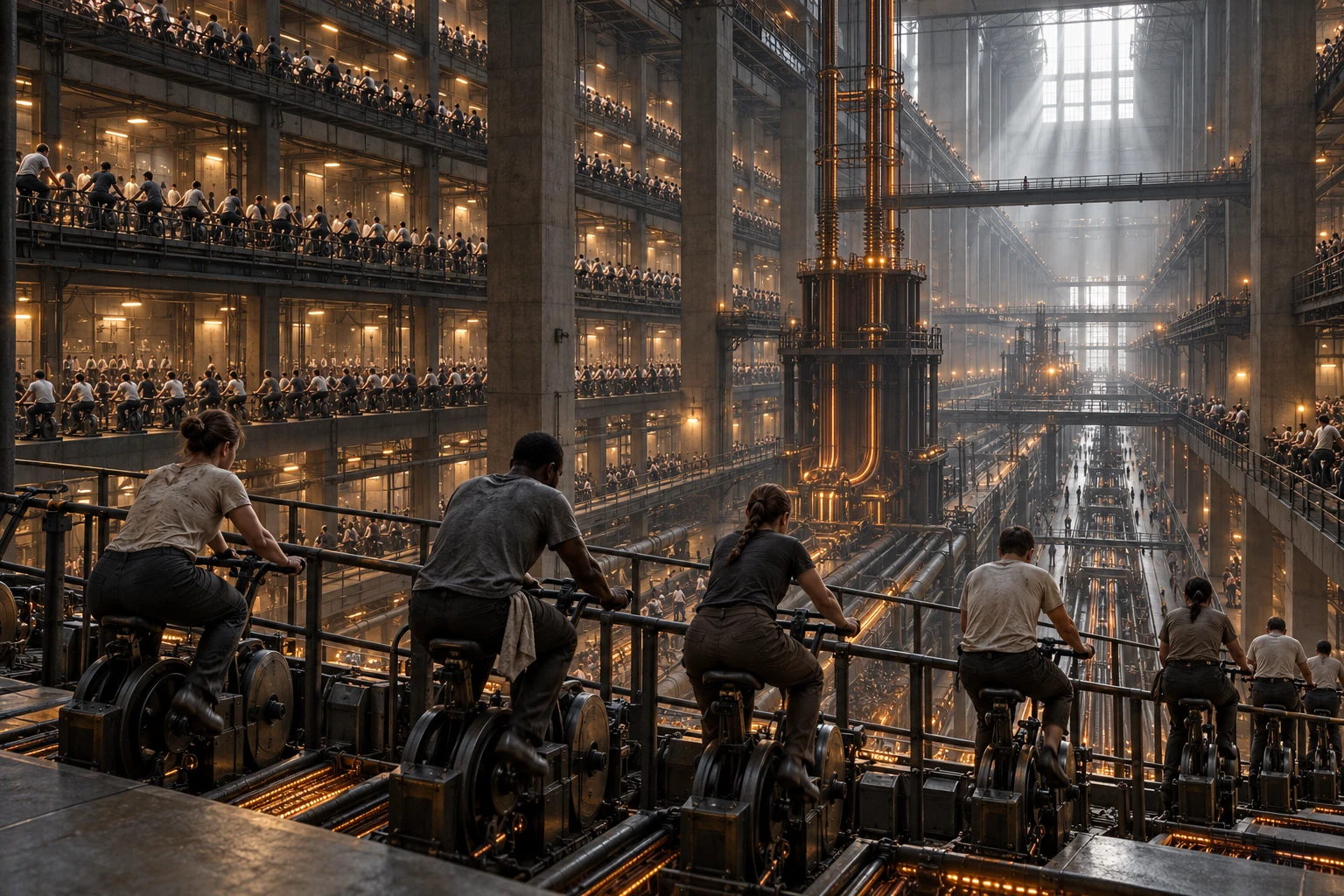 A monumental industrial hall filled with people generating energy